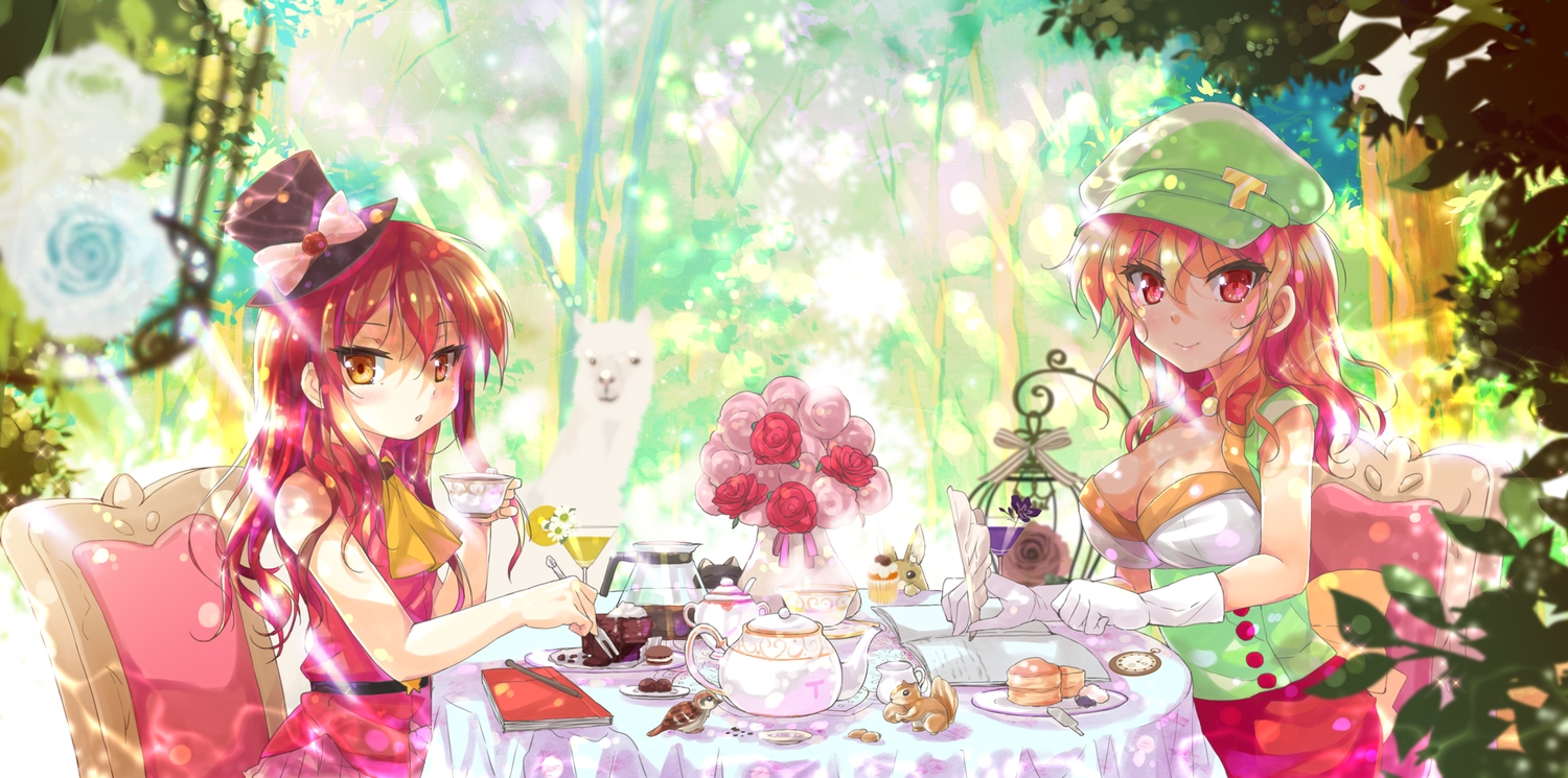 2girls, animal, anthropomorphism, bicolored_eyes, bird, book, bow, breasts