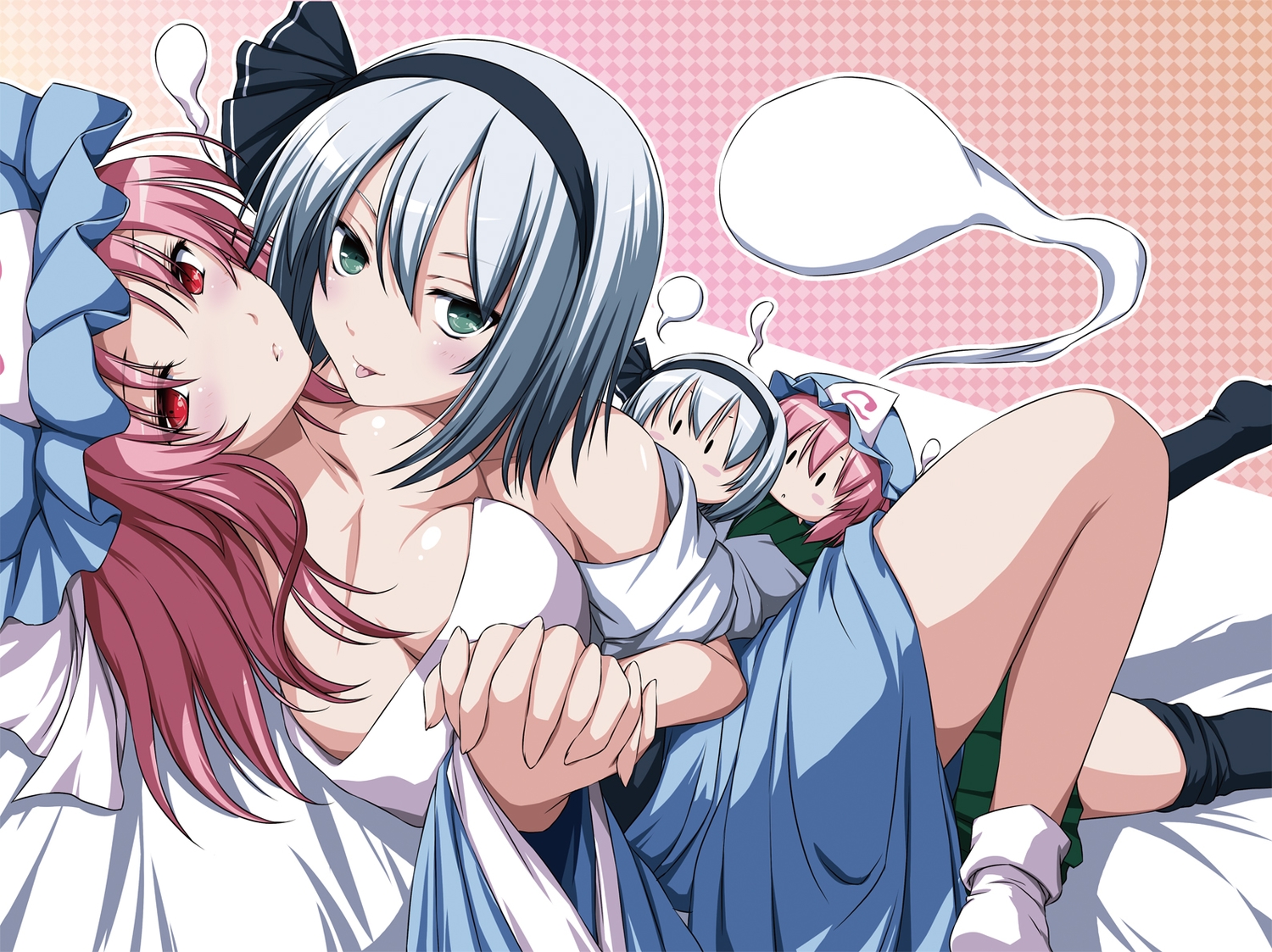 2girls, blush, chibi, green_eyes, hat, headband, kneehighs, konpaku_youmu