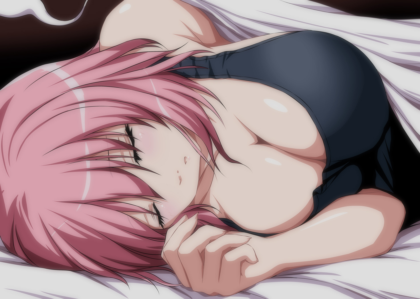 breasts, cleavage, close, no_bra, nori_tamago, pink_hair, saigyouji_yuyuko, short_hair, sleeping, touhou