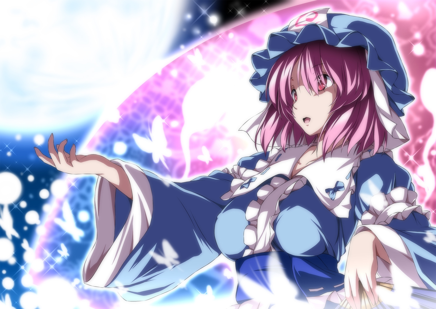 bow, butterfly, nori_tamago, pink_hair, red_eyes, saigyouji_yuyuko, short_hair, touhou