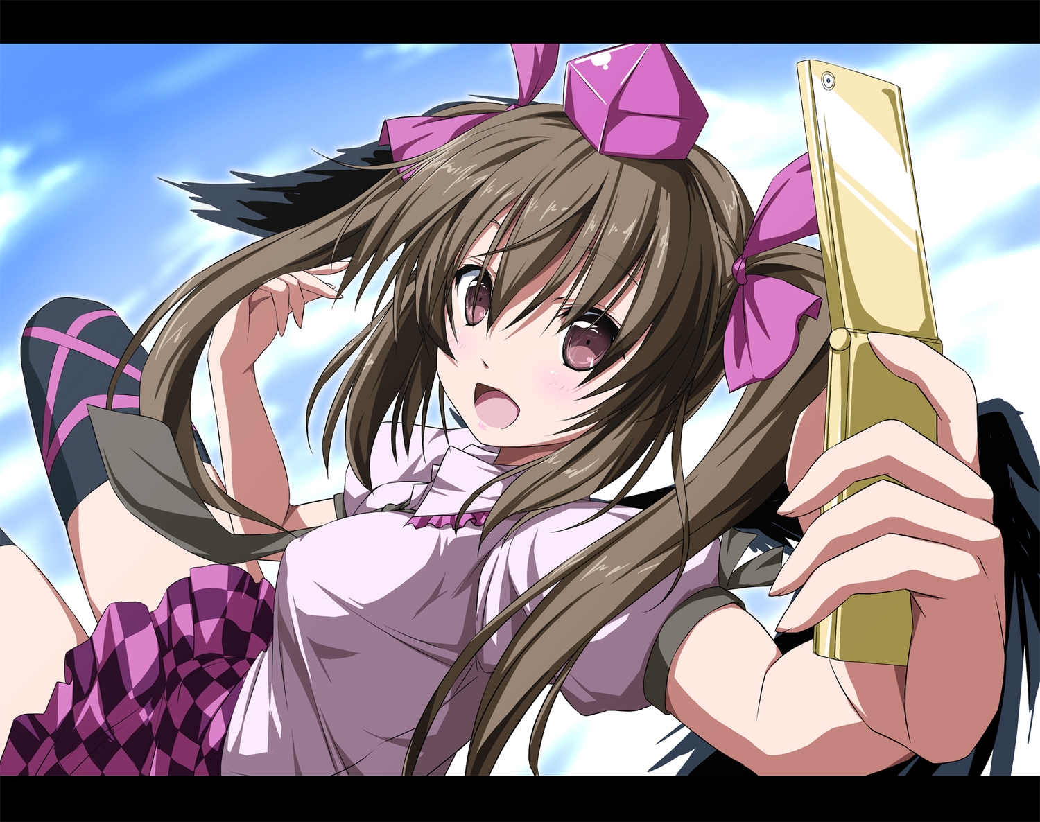 brown_eyes, brown_hair, himekaidou_hatate, long_hair, nori_tamago, phone, skirt, thighhighs