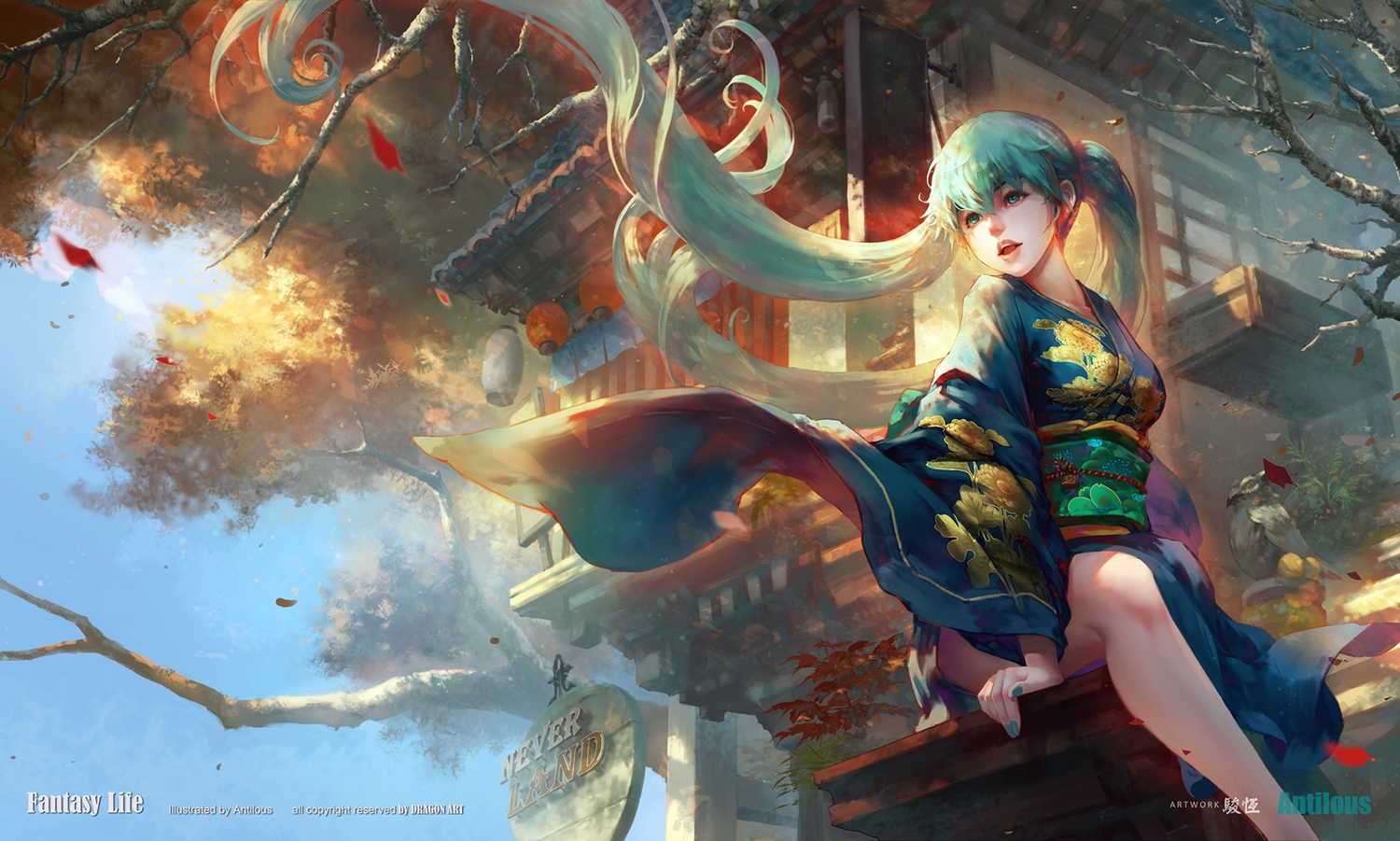 antilous, building, green_eyes, green_hair, hatsune_miku, japanese_clothes, long_hair, petals