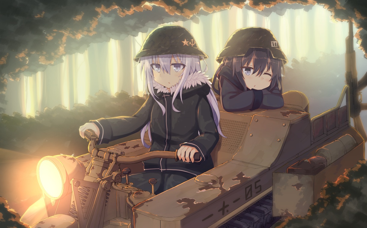 2girls, akatsuki_(kancolle), anthropomorphism, combat_vehicle, hibiki_(kancolle), kantai_collection, military, parody