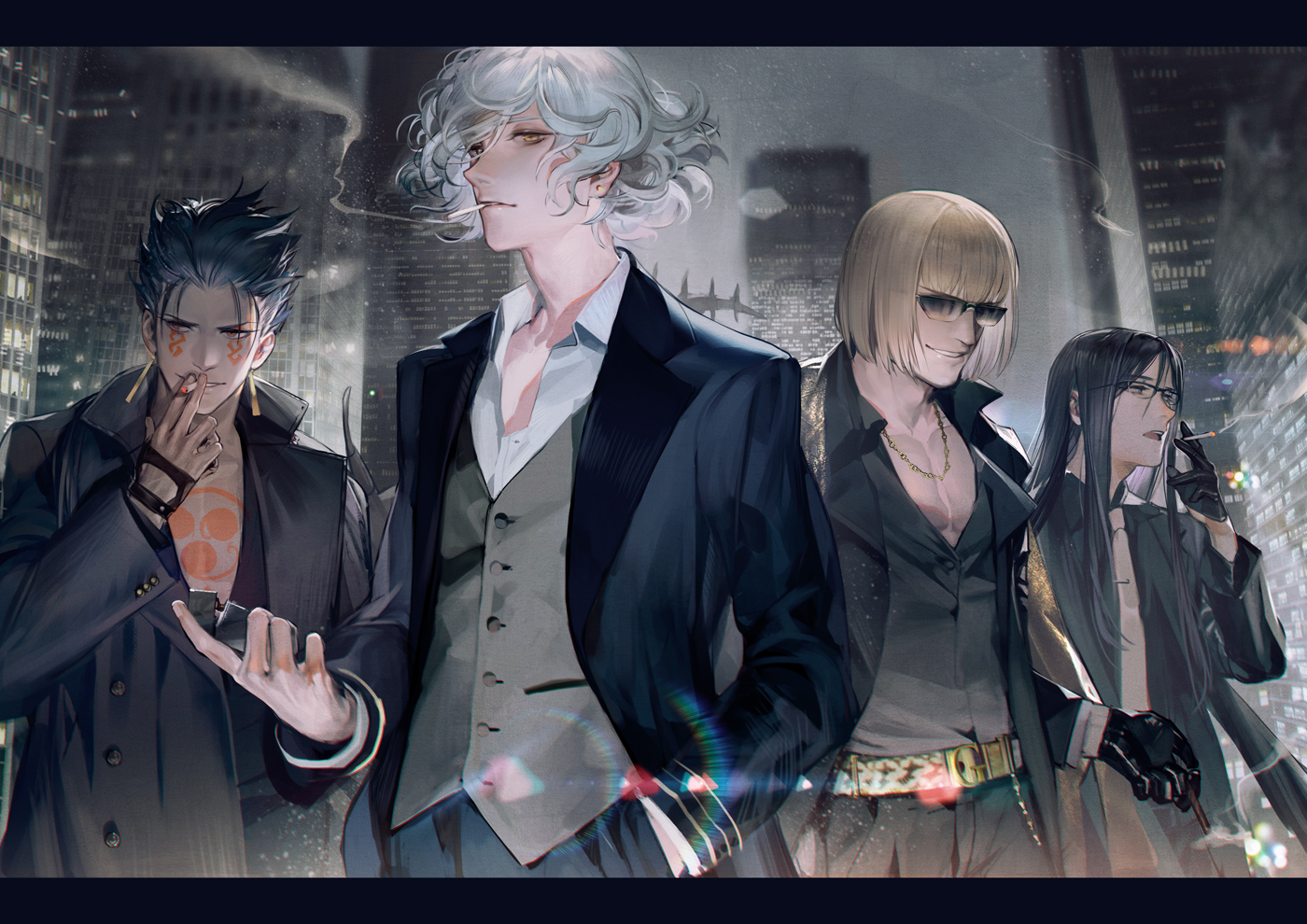 all_male, black_hair, blonde_hair, building, cigarette, city, cu_chulainn, cu_chulainn_alter_(fate/grand_order), edmond_dantes, fate/grand_order, fate_(series), glasses, gloves, group, liduke, long_hair, lord_el-melloi_ii, male, necklace, red_eyes, sakata_kintoki_(fate), short_hair, smoking, suit, sunglasses, tattoo, waver_velvet, white_hair, yellow_eyes