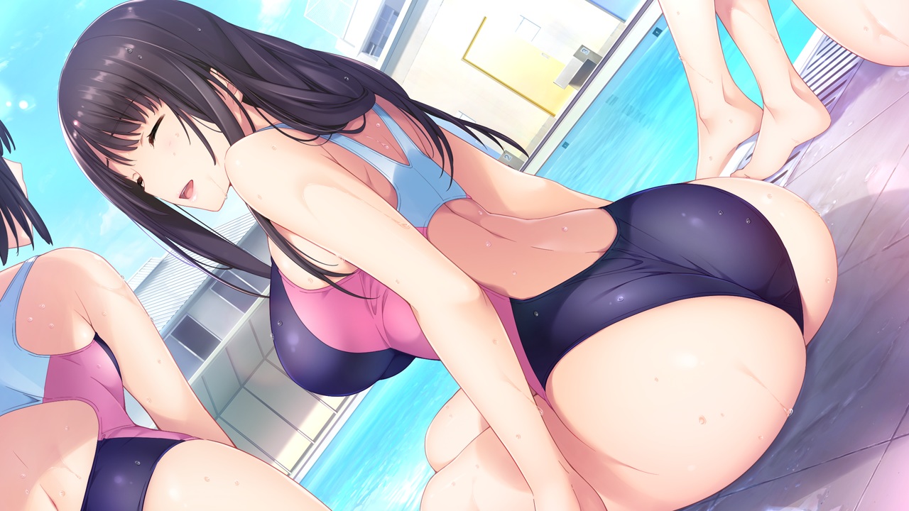ass, black_hair, game_cg, hibiki_works, iizuki_tasuku, kisaragi_maaya, long_hair, onee-chan_no_yuuwaku, pool, school_swimsuit, swimsuit, water, wet