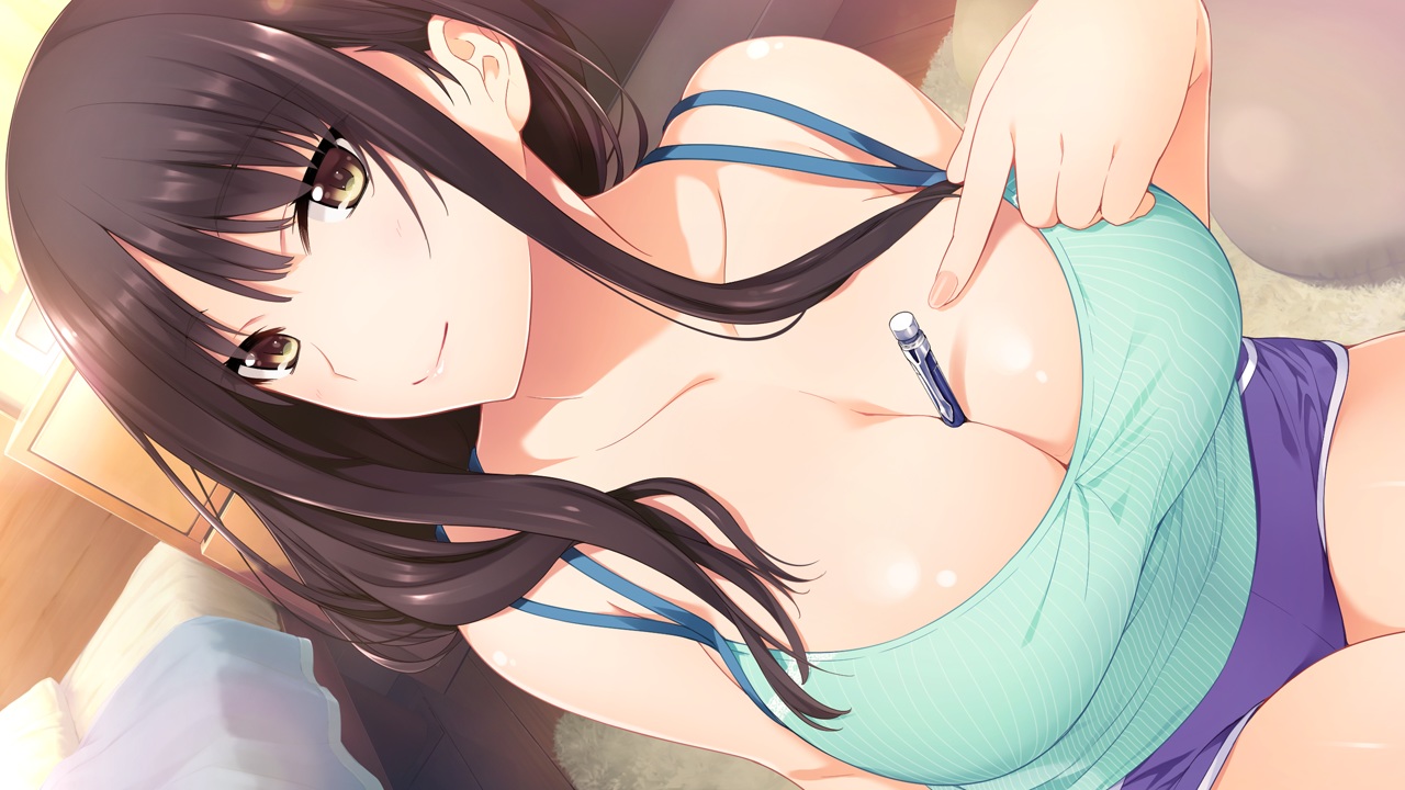 black_hair, breasts, brown_eyes, cleavage, game_cg, hibiki_works, iizuki_tasuku, kisaragi_maaya, long_hair, no_bra, onee-chan_no_yuuwaku, shorts