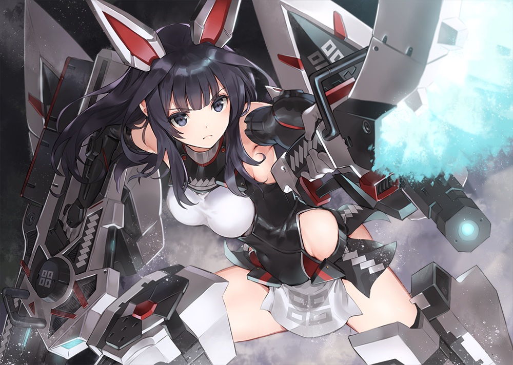 agatsuma_kaede, alice_gear_aegis, animal_ears, black_eyes, black_hair, breasts, elbow_gloves, gloves