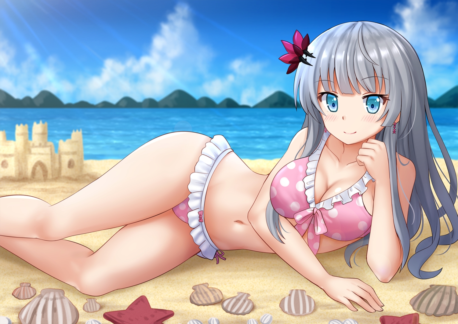 aqua_eyes, beach, bikini, blush, breasts, cleavage, clouds, gray_hair