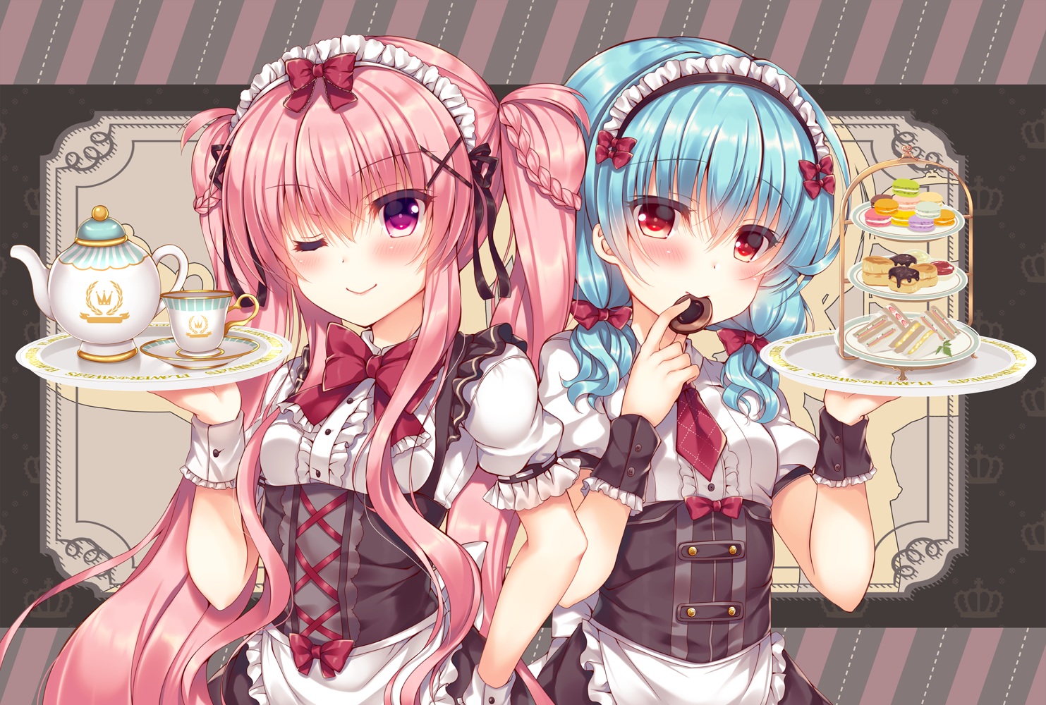 2girls, apron, aqua_hair, blush, bow, braids, cake, drink