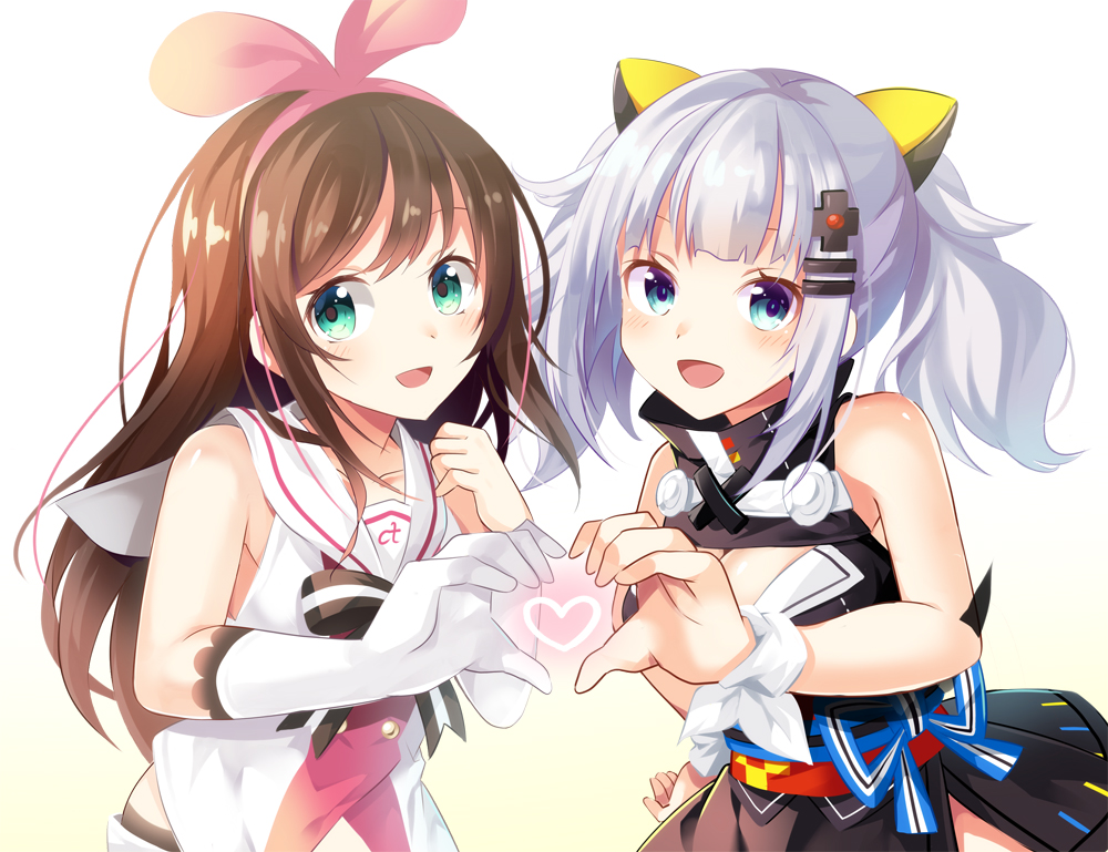 2girls, a.i._channel, aqua_eyes, blush, bow, brown_hair, crossover, elbow_gloves