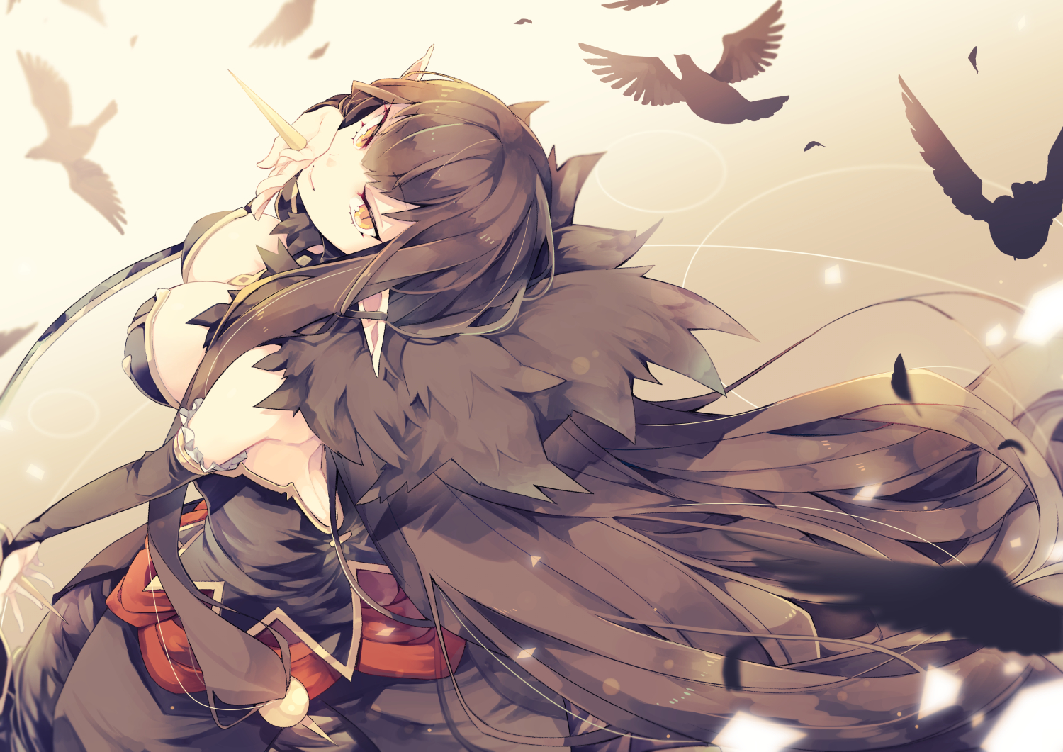 animal, bird, breasts, elbow_gloves, fate/apocrypha, fate/grand_order, fate_(series), gloves, pointed_ears, semiramis, yuzuki_gao