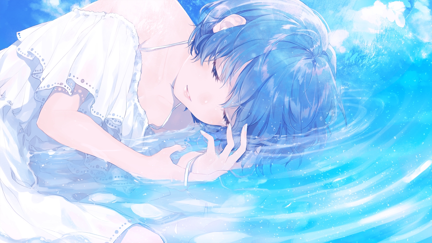 blue_hair, dress, original, polychromatic, short_hair, sudach_koppe, summer_dress, water