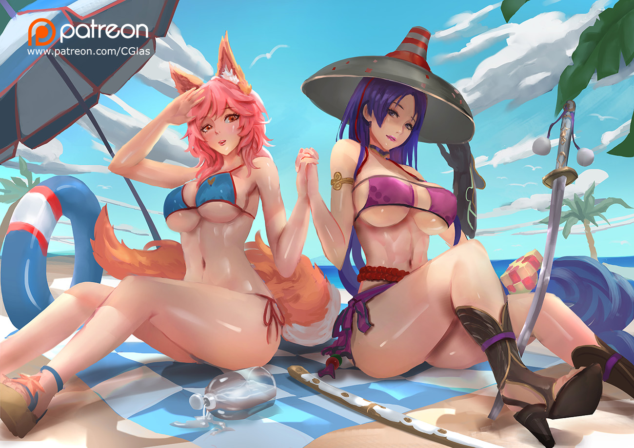 2girls, animal_ears, bikini, blue_eyes, cglas, clouds, fate/grand_order, fate_(series), foxgirl, hat, jpeg_artifacts, katana, logo, minamoto_no_yorimitsu_(fate), navel, pink_hair, purple_hair, red_eyes, ribbons, sky, swimsuit, sword, tail, tamamo_no_mae_(fate), tree, umbrella, water, watermark, weapon