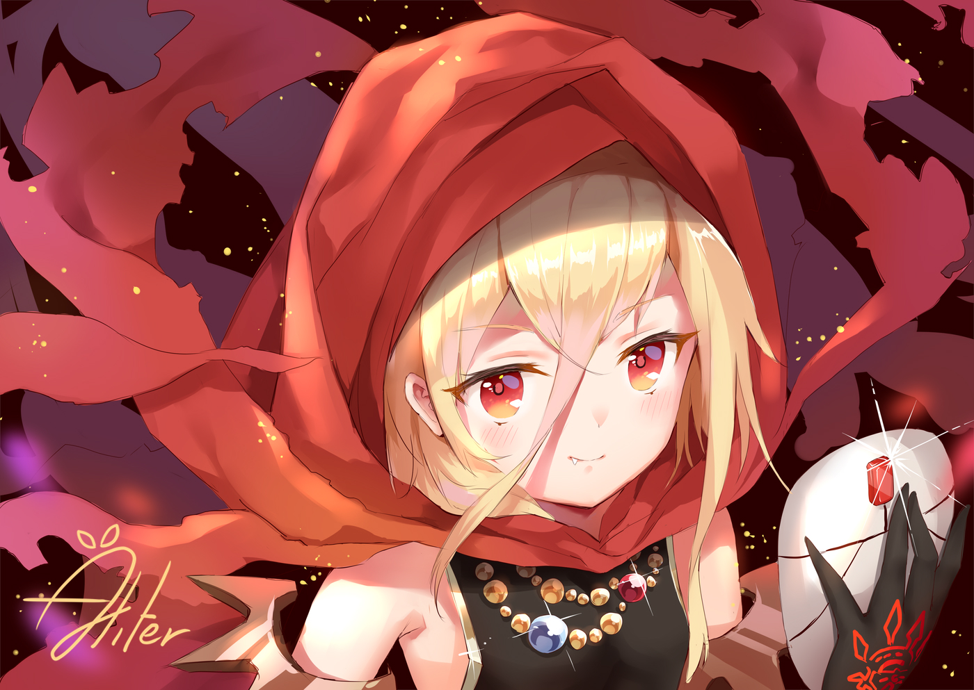 aliter, blonde_hair, blush, close, evileye, fang, hood, loli, long_hair, mask, necklace, orange_eyes, overlord, signed