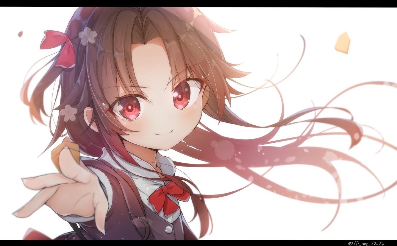 bow, brown_hair, himemiya_shuang, loli, long_hair, red_eyes, ryuuou_no_oshigoto!, signed, yashajin_ai