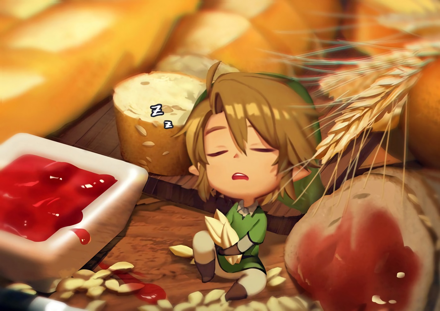 all_male, boots, brown_hair, food, gloves, hat, link_(zelda), male, mimme_(haenakk7), pointed_ears, short_hair, sleeping, the_legend_of_zelda, waifu2x