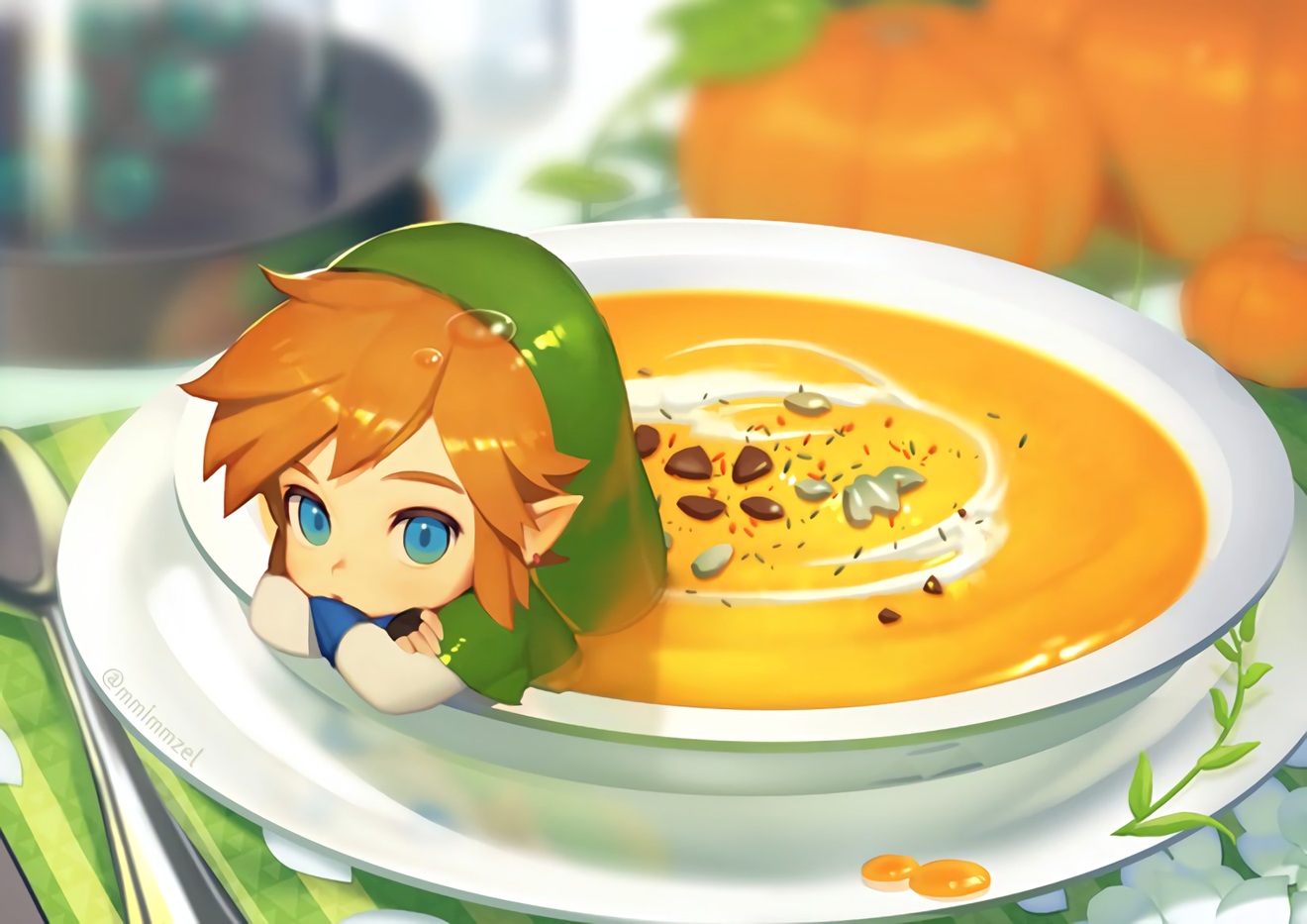 all_male, blue_eyes, chibi, food, gloves, hat, link_(zelda), male, mimme_(haenakk7), orange_hair, pointed_ears, short_hair, the_legend_of_zelda, waifu2x, watermark