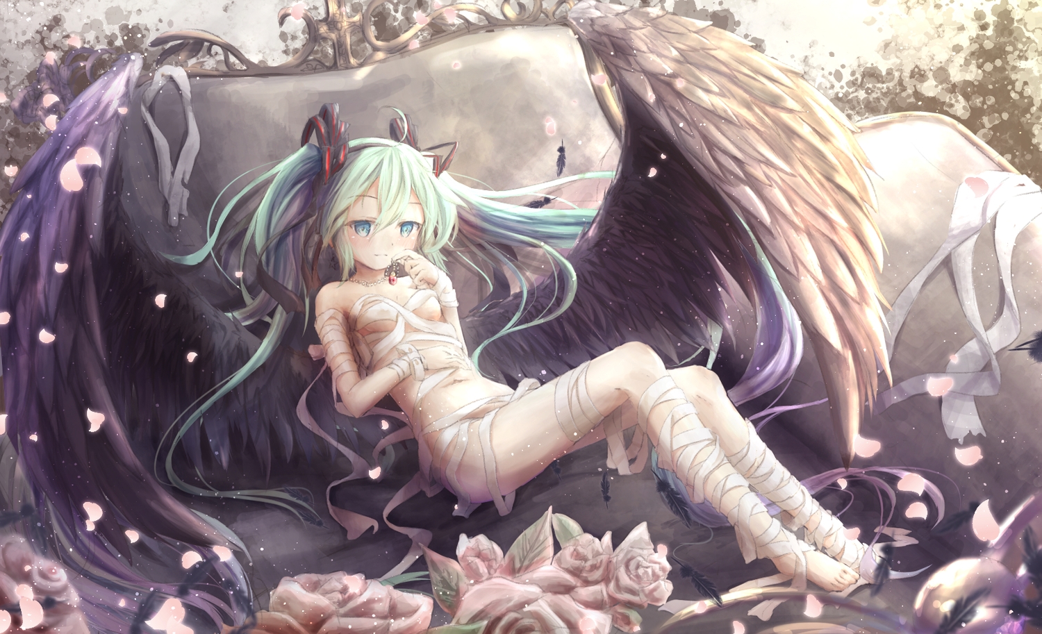 bandage, barefoot, blue_eyes, feathers, flowers, green_hair, hatsune_miku, long_hair, necklace, rose, twintails, utatanecocoa, vocaloid, wings