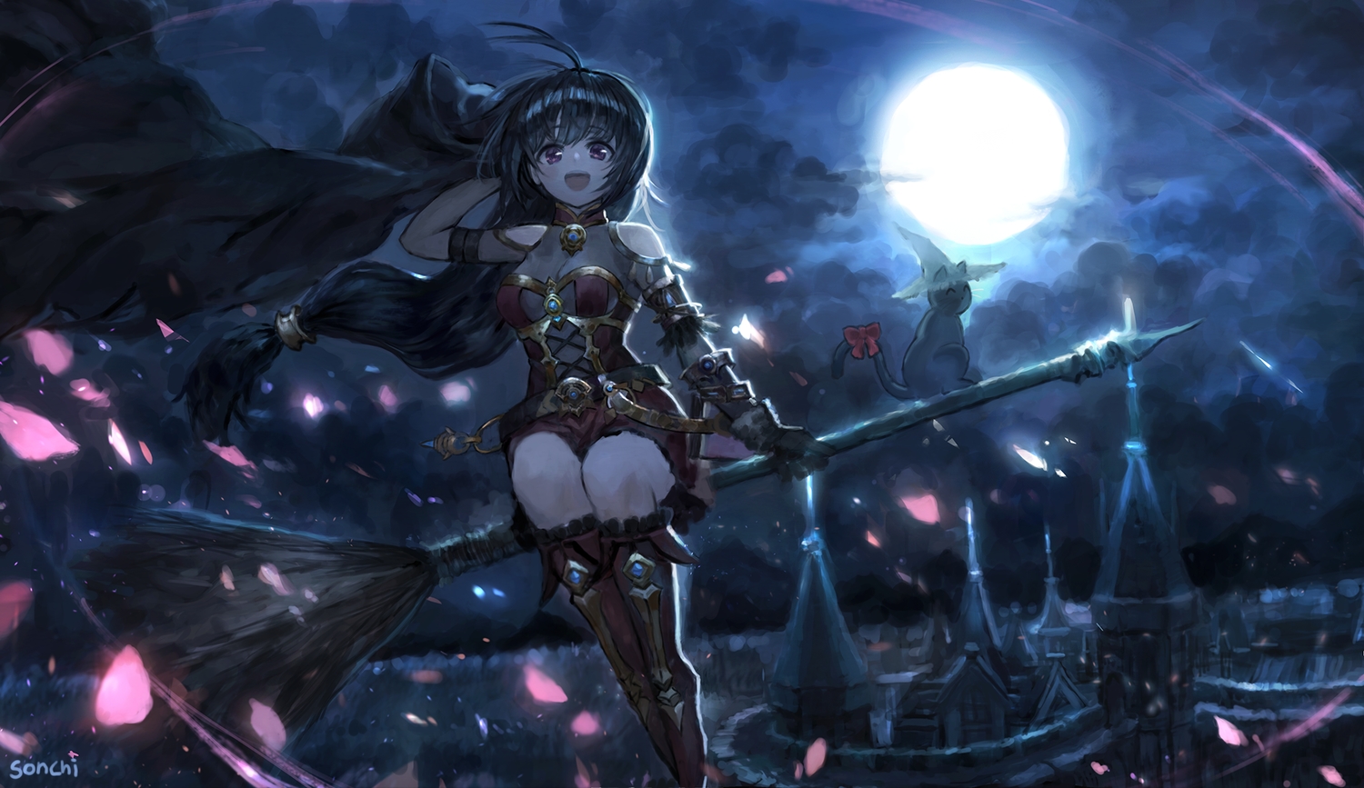 animal, black_hair, bow, breasts, building, cat, cherry_blossoms, cleavage, clouds, dark, dress, elbow_gloves, flowers, gloves, long_hair, moon, night, original, purple_eyes, sky, sonchi, watermark