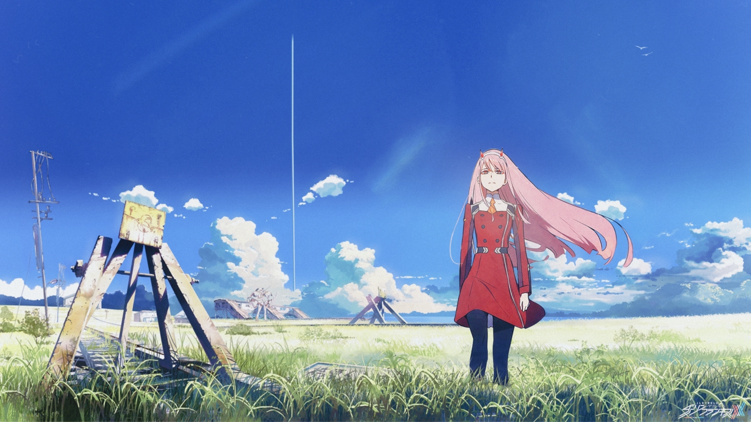clouds, darling_in_the_franxx, grass, headband, horns, kumo_no_mukou_yakusoku_no_basho, logo, long_hair, mecha, pantyhose, pink_hair, scenic, school_uniform, shinkai_makoto, sky, tagme_(artist), third-party_edit, zero_two
