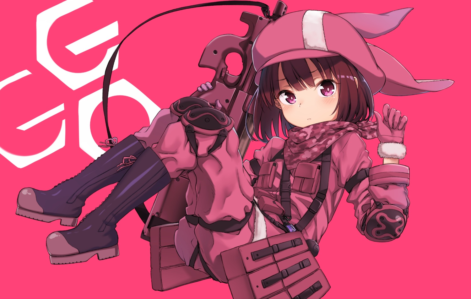 brown_hair, gloves, gun, hat, ivan_wang, kohiruimaki_karen, llenn_(sao), loli, military, pink_eyes, short_hair, sword_art_online, sword_art_online_alternative:_gun_gale_online, weapon