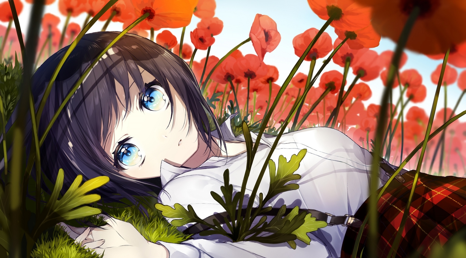 aqua_eyes, black_hair, close, flowers, grass, original, shirt, short_hair, skirt, sky, sogawa66