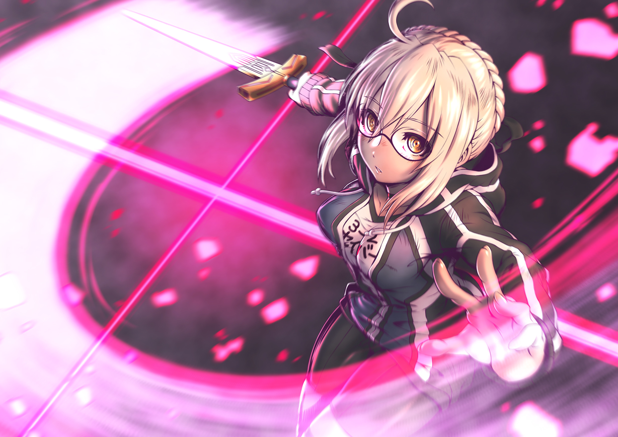 bike_shorts, blonde_hair, braids, fate/grand_order, fate_(series), glasses, hood, kuroshio_(zung-man), mysterious_heroine_x, mysterious_heroine_x_alter, short_hair, shorts, sword, weapon, yellow_eyes
