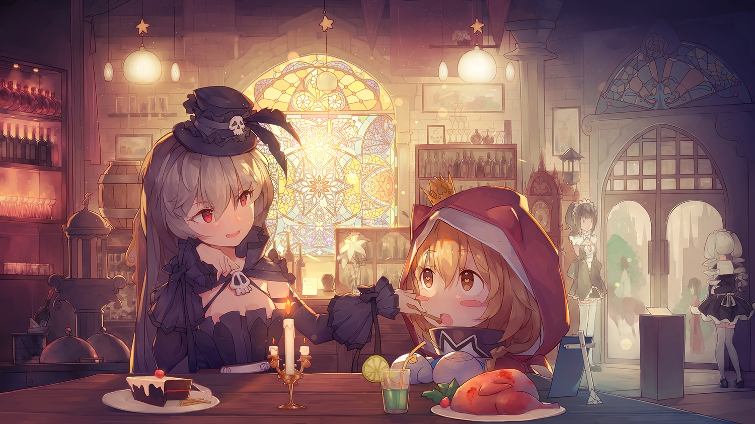 black_hair, blush, brown_eyes, brown_hair, cake, drink, fang, feathers