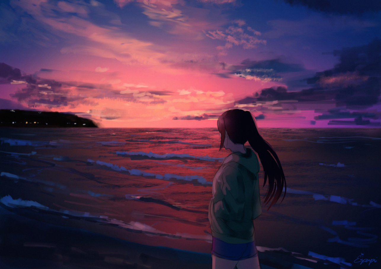 beach, hood, long_hair, love_live!_school_idol_project, love_live!_sunshine!!, matsuura_kanan, papi_(papiron100), ponytail