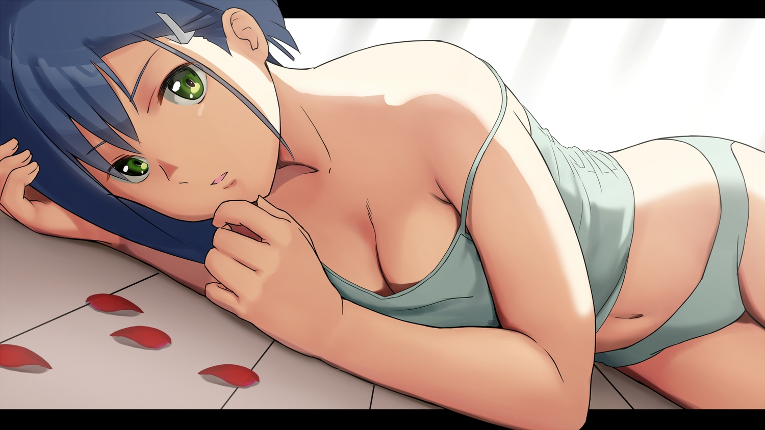blue_hair, breasts, cleavage, close, darling_in_the_franxx, green_eyes, ichigo_(darling_in_the_franxx), navel, panties, petals, tomitayaki, underwear