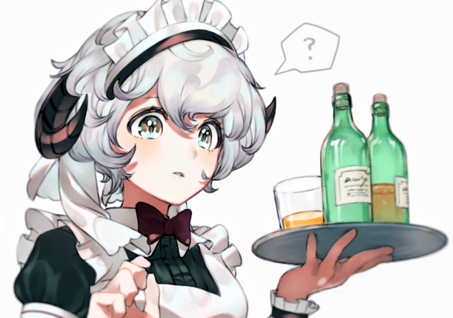 bow, close, drink, gray_hair, headband, horns, maid, original, short_hair, yellow_eyes, yoshihiro_(yoshihiro12190)