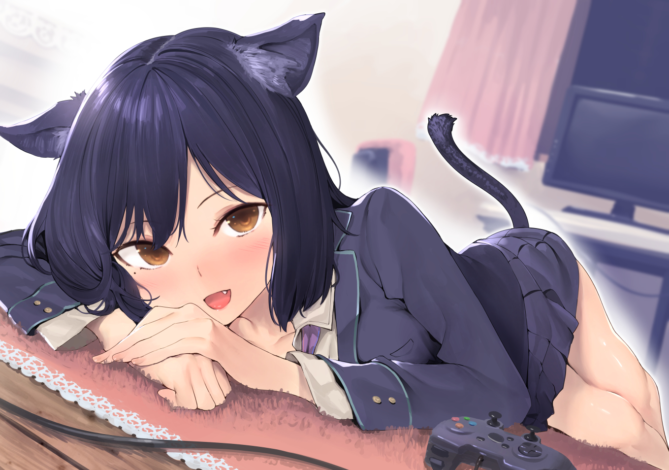 animal_ears, black_hair, blush, brown_eyes, catgirl, computer, fang, itsutsuse