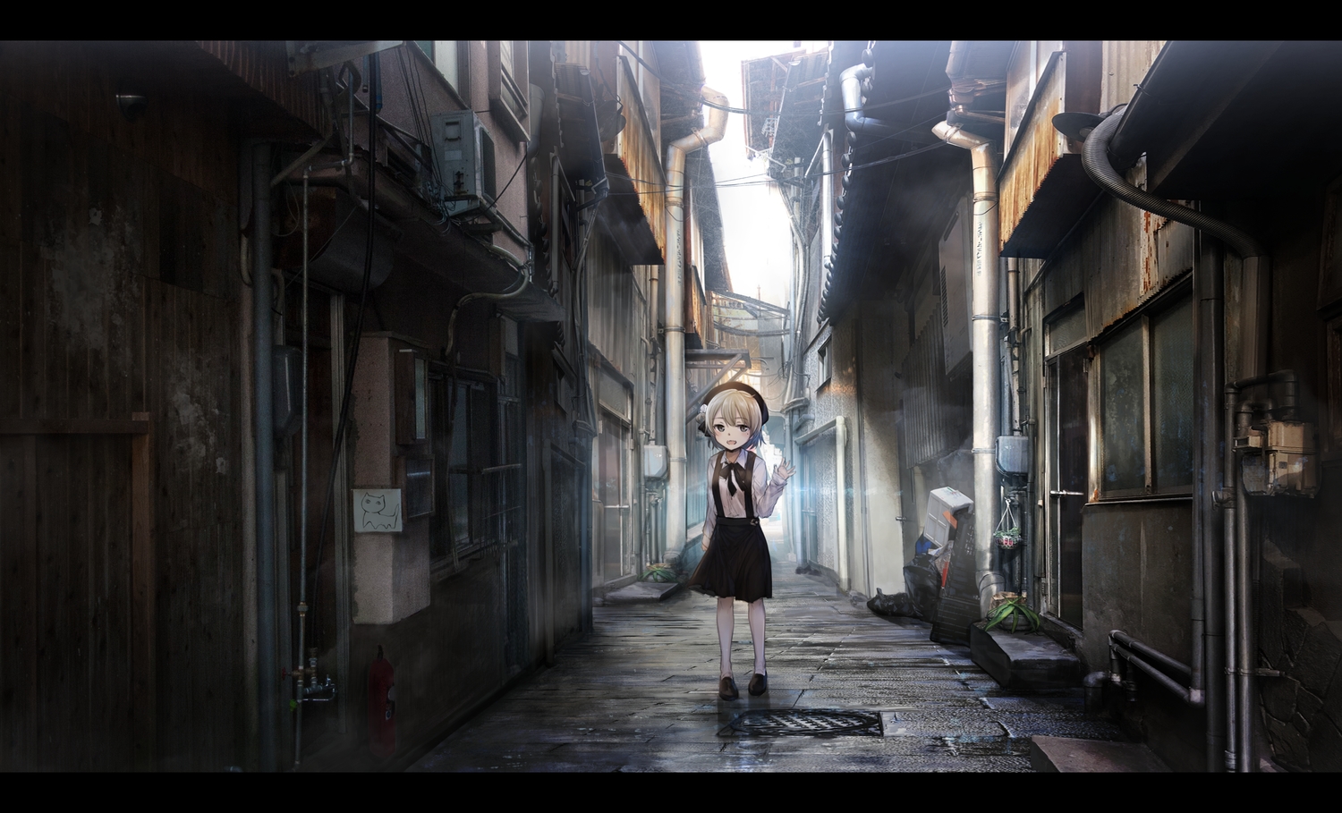 bow, brown_eyes, brown_hair, building, city, hat, hatoba_tsugu, hatoba_tsugu_(channel)