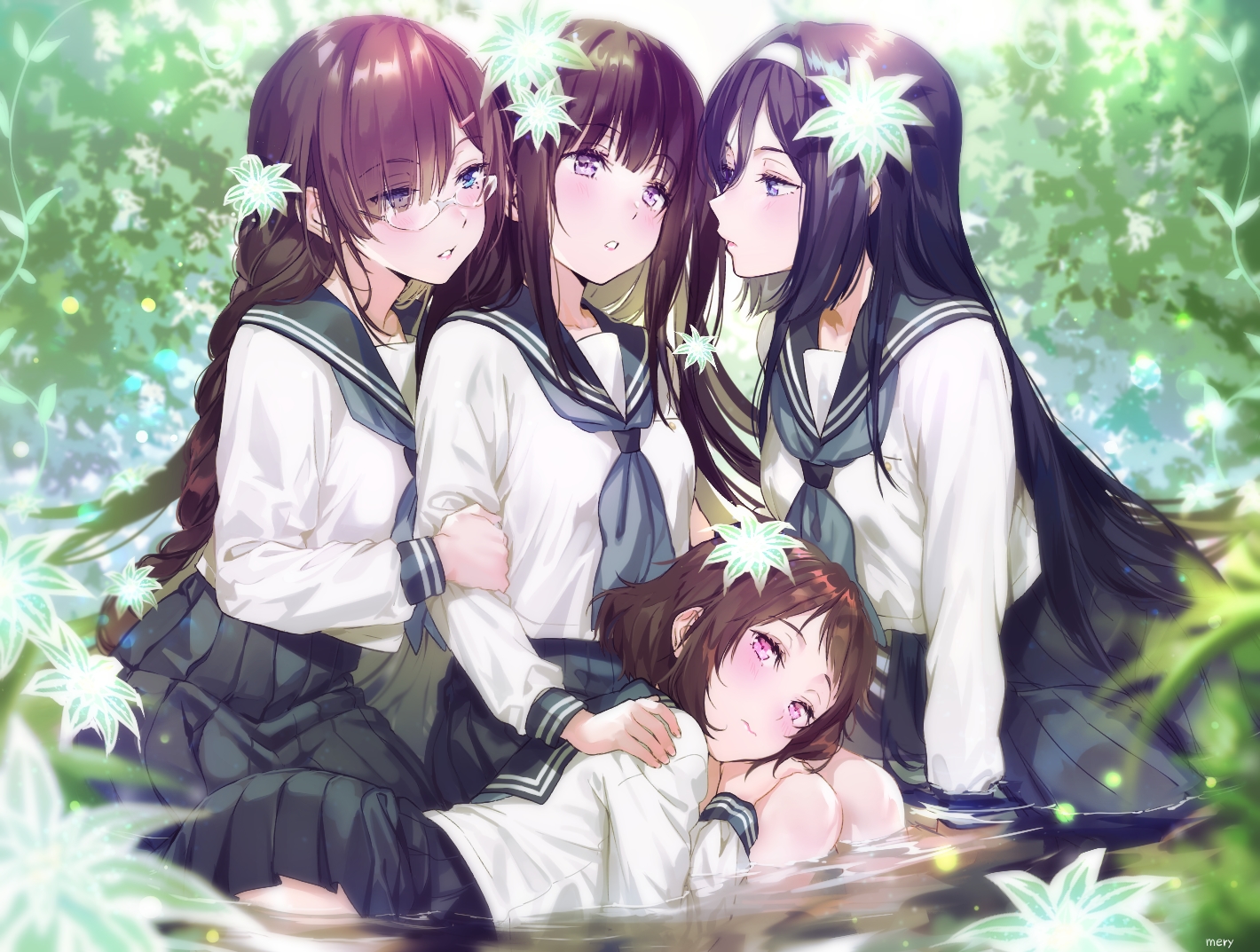 black_hair, blue_eyes, blush, braids, brown_eyes, brown_hair, chitanda_eru, flowers, glasses, group, headband, hyouka, ibara_mayaka, irisu_fuyumi, juumonji_kaho, long_hair, mery_(apfl0515), pink_eyes, ponytail, school_uniform, short_hair, signed, skirt, water