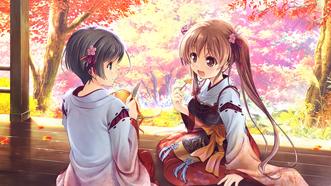 2girls, august, autumn, food, game_cg, japanese_clothes, knife, leaves