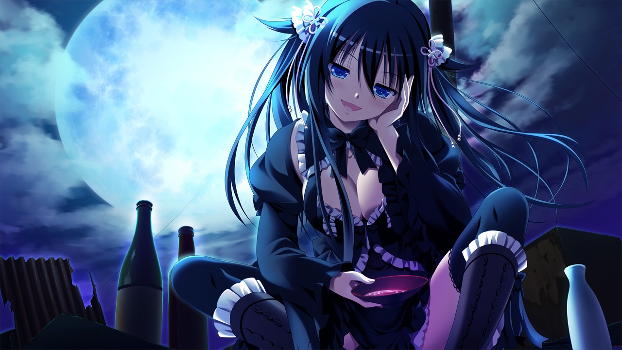 3rd_eye, black_hair, blue_eyes, bow, breasts, cleavage, game_cg, gensou_no_idea