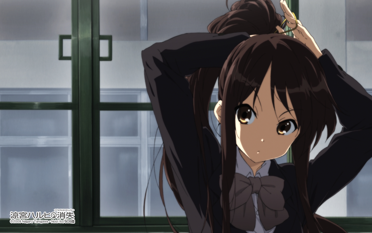 bow, brown_eyes, brown_hair, long_hair, ponytail, school_uniform, suzumiya_haruhi, suzumiya_haruhi_no_yuutsu
