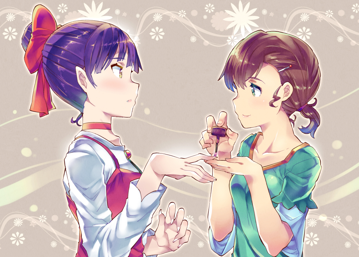 2girls, bow, brown_hair, fang, gegege_no_kitaro, green_eyes, inuyama_mana, neko_musume