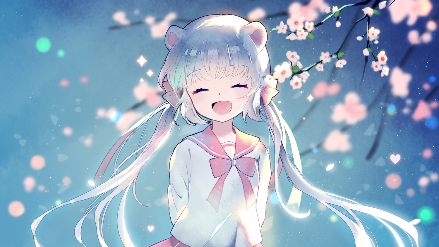 animal_ears, aqua_hair, bow, cherry_blossoms, flowers, long_hair, mechuragi, original
