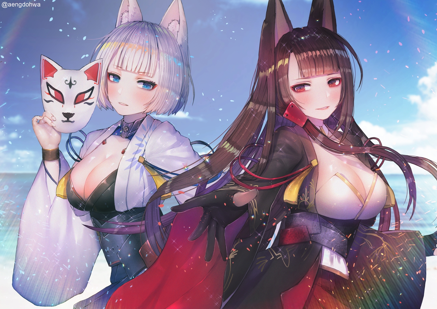 2girls, akagi_(azur_lane), animal_ears, anthropomorphism, aqua_eyes, azur_lane, breasts, brown_hair