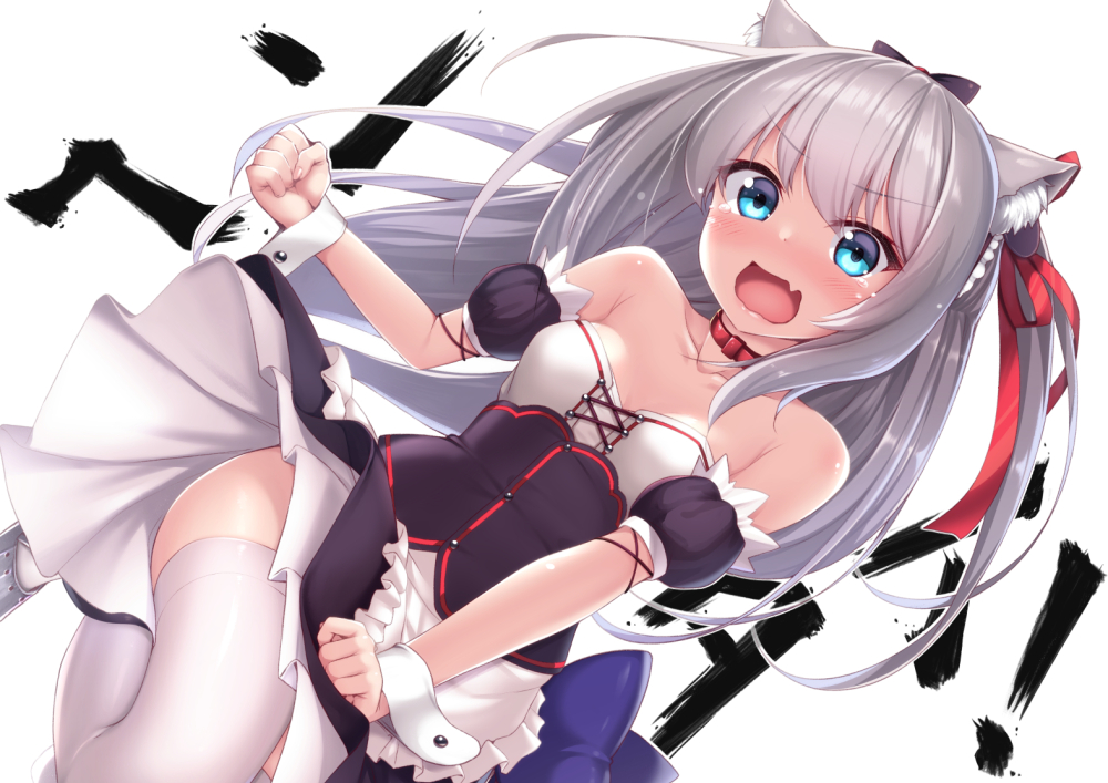aliasing, animal_ears, anthropomorphism, apron, aqua_eyes, azur_lane, blush, collar, fang, hammann_(azur_lane), long_hair, maid, nullken, ribbons, skirt_lift, tears, thighhighs, white, white_hair, wristwear