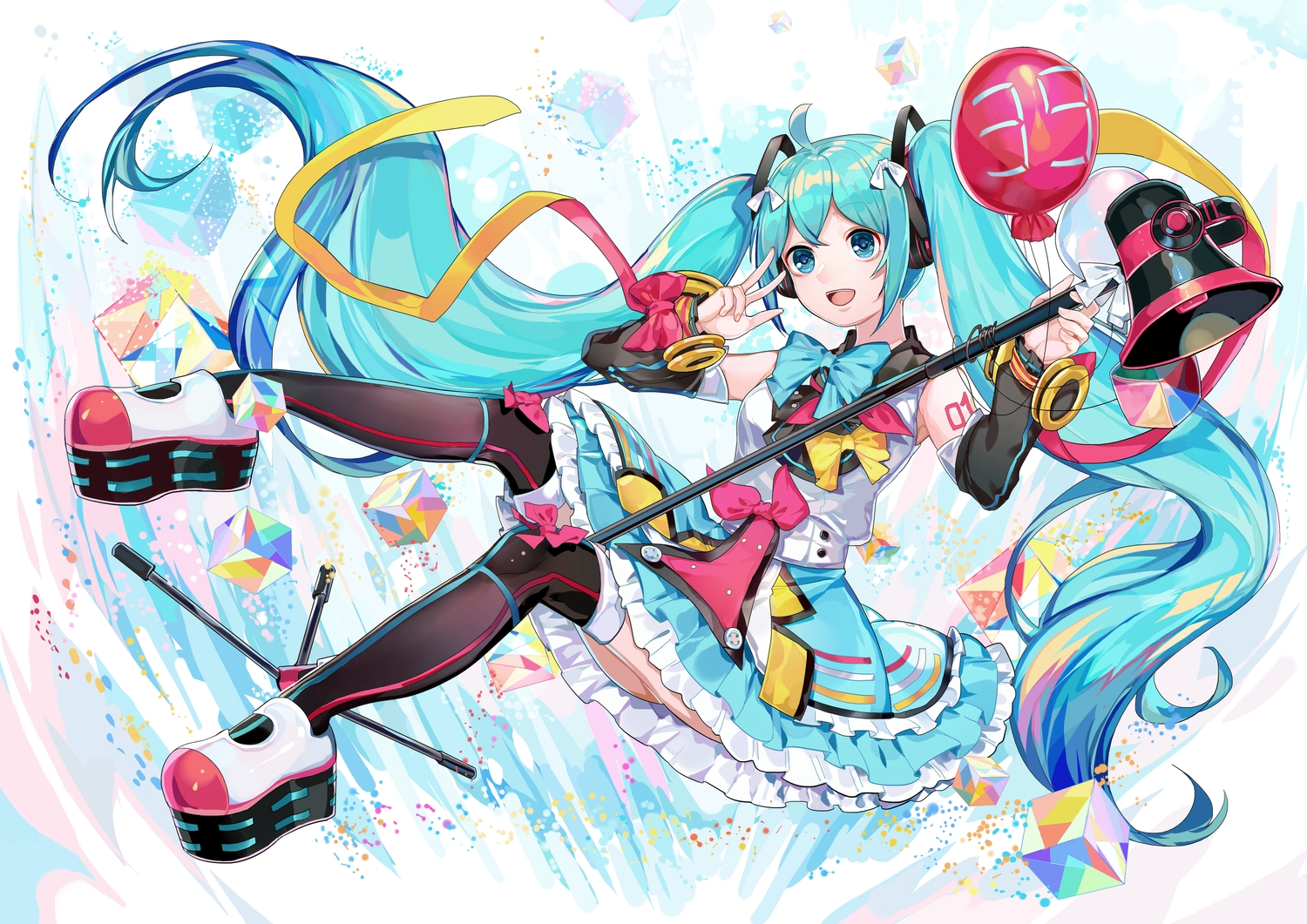 aliasing, aqua_eyes, aqua_hair, bow, hatsune_miku, headphones, long_hair, magical_mirai_(vocaloid)