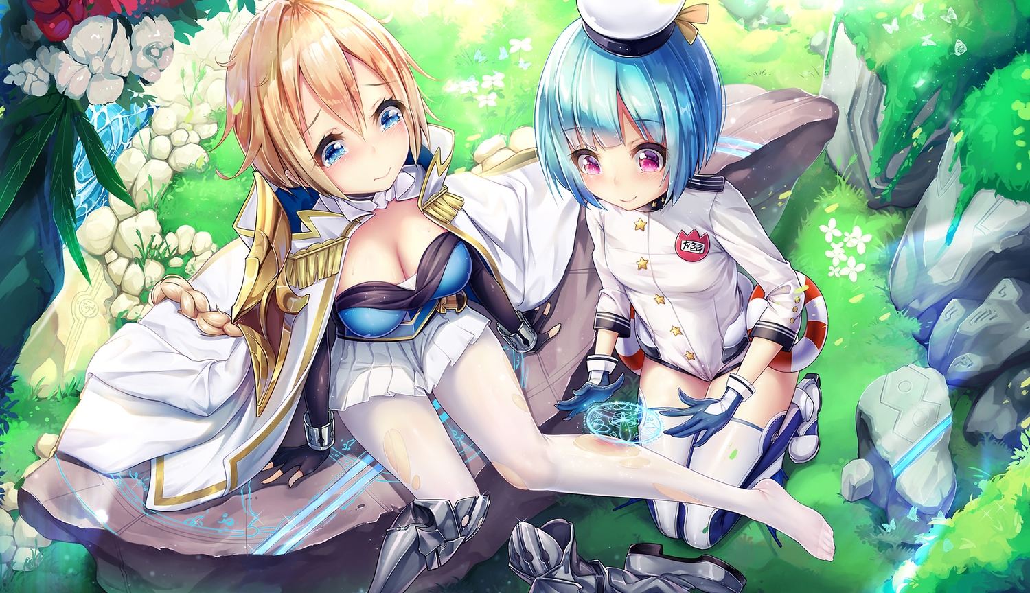 2girls, aqua_eyes, aqua_hair, armor, blonde_hair, blush, boots, braids, breasts, butterfly, cape, cleavage, danchou_arthur, dk_senie, elbow_gloves, gloves, grass, green, kaku-san-sei_million_arthur, long_hair, magic, nuckelavee, pantyhose, pink_eyes, short_hair, tears, thighhighs, torn_clothes, wristwear