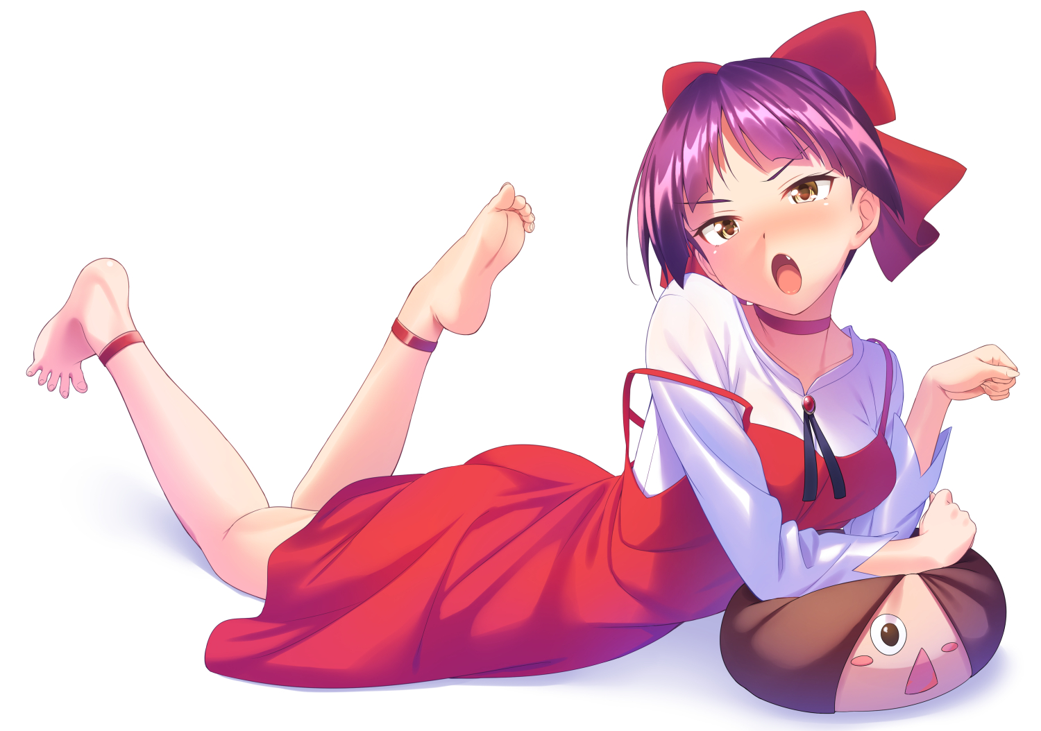 barefoot, bow, choker, dress, fang, gegege_no_kitaro, neko_musume, purple_hair
