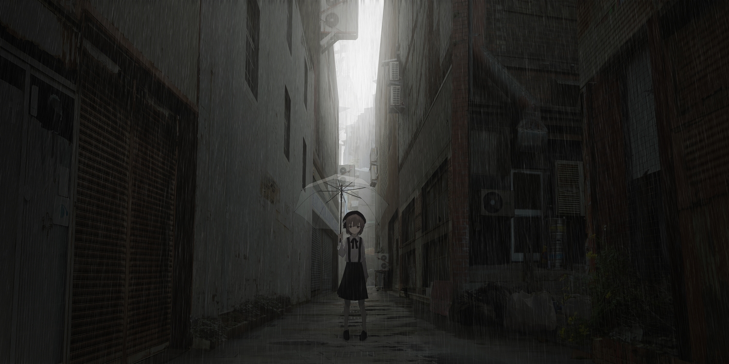 asteroid_ill, brown_eyes, brown_hair, building, city, dark, hat, hatoba_tsugu, hatoba_tsugu_(channel), loli, rain, shirt, skirt, sky, umbrella, water