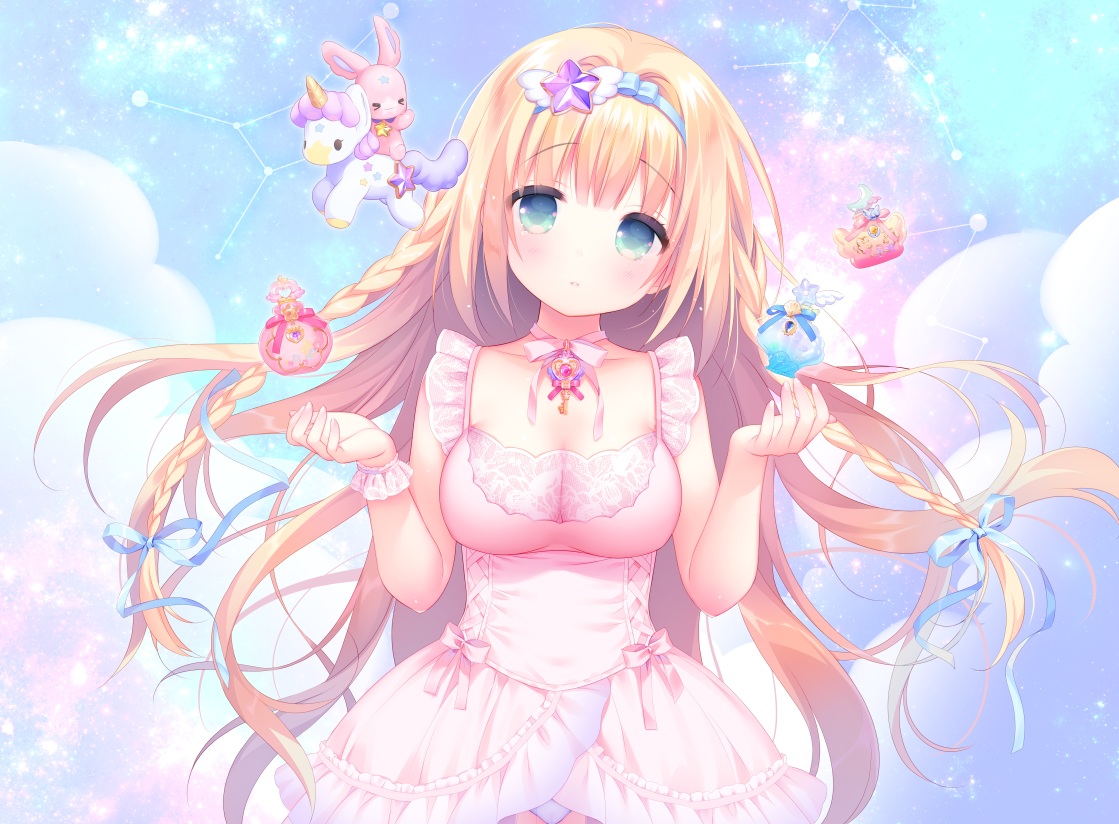 aliasing, blonde_hair, braids, breasts, cleavage, dress, green_eyes, headband, long_hair, original, panties, piyodera_mucha, ribbons, underwear, wristwear