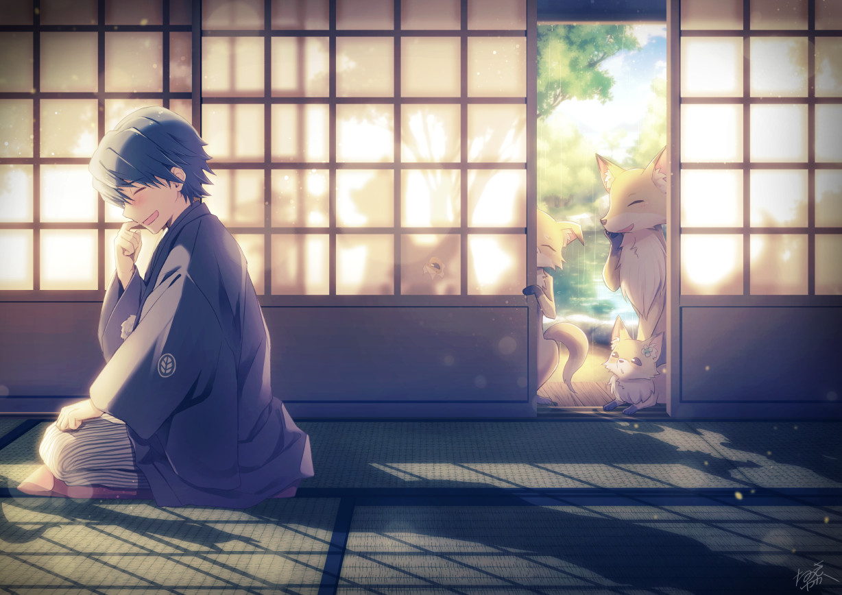 aliasing, all_male, animal, black_hair, fox, japanese_clothes, male, natsuki_yuka, original, short_hair, signed