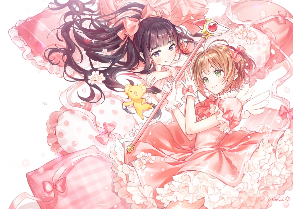 2girls, animal, black_hair, blush, bow, brown_hair, card_captor_sakura, daidouji_tomoyo
