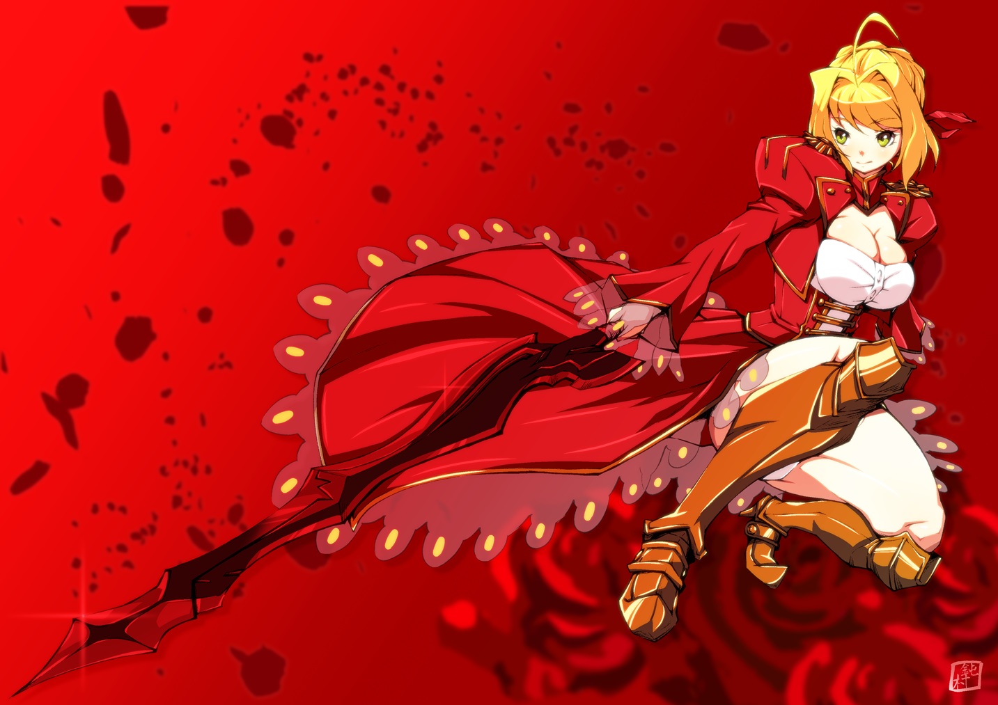armor, blonde_hair, boots, breasts, cleavage, donson, dress, fate/extra, fate/grand_order, fate_(series), green_eyes, nero_claudius_(fate), panties, red, ribbons, short_hair, signed, sword, underwear, weapon