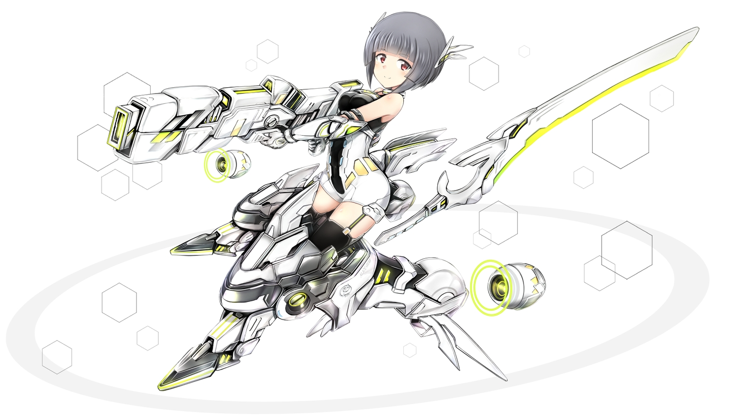 alice_gear_aegis, armor, elbow_gloves, fumishima_asuka, gloves, gray_hair, gun, mechagirl, p_book, red_eyes, short_hair, stockings, thighhighs, weapon, white
